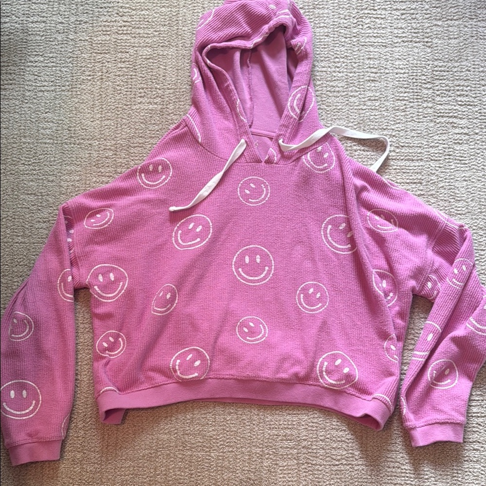 Altar'd State Pink Crew Neck Sweater with Smiley Faces